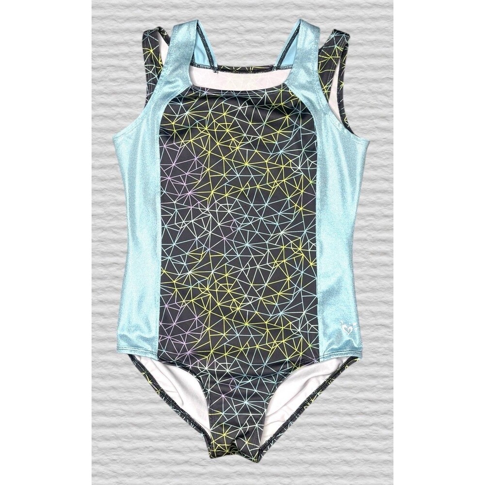 Justice Active Girls Leotard Size 14 Blue Gray Geometric Sparkly Double Strap